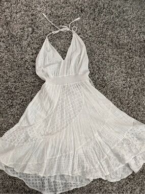 Backless White Halter Eyelet Midi Dress - Smocked Waist